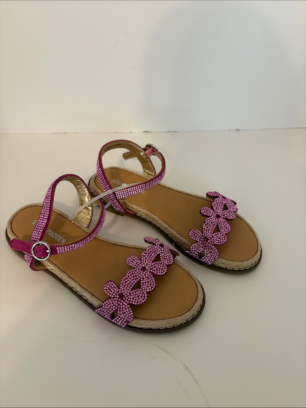 Steve Madden Pink Crystal Floral Strap Sandals with Ankle Buckle